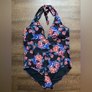 Modcloth Black Floral Halter bathing suit One Piece Swimsuit chic low cut sz 2X
